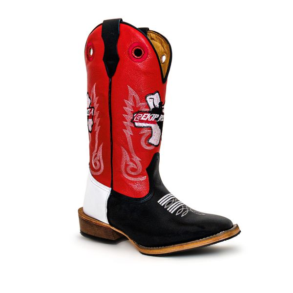 Bota Texana Masculina Couro Legítimo Fly Vermelho Látego Preto e Branco Salto Carrapeta 