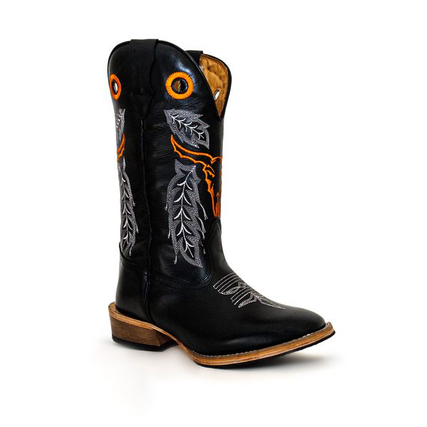 Bota Texana Masculina Couro Legítimo Látego Preto Bordado Boi Salto Carrapeta