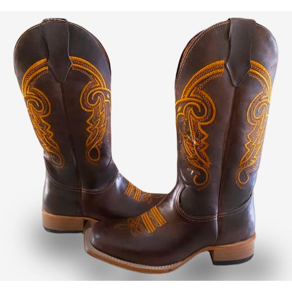 Bota Texana Masculina Couro Legítimo Floater Café Bordado Linha Laranja Salto Carrapeta