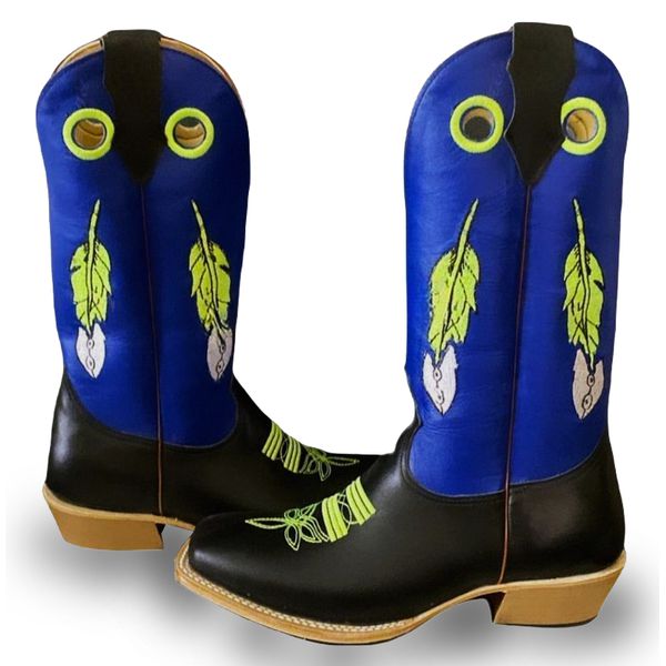 Bota Texana Masculina Couro Legítimo Bovino Látego Preto e Fly Azul Bordado Pena Salto Carrapeta