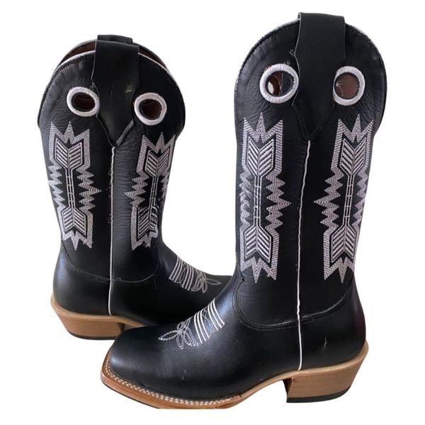 Bota Texana Masculina Couro Legítimo Bovino Látego Preto Bordado Flecha Salto Carrapeta