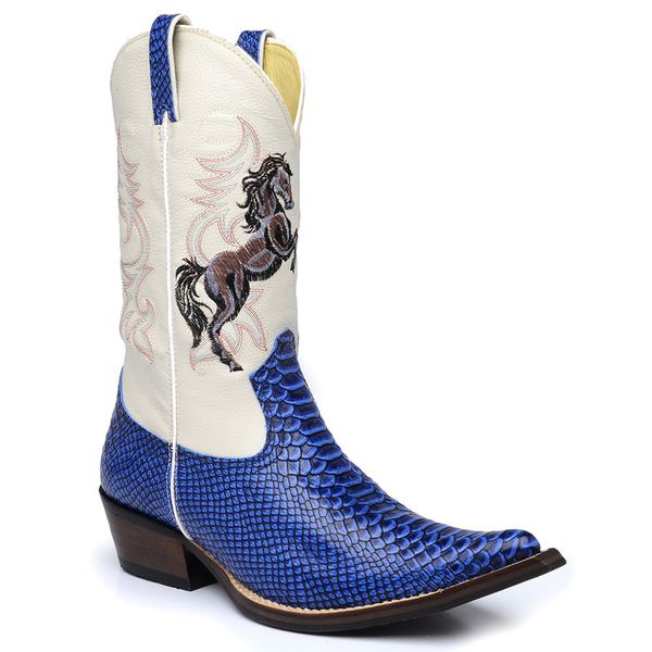 Bota Country Masculina Bico Fino Texana Anaconda Azul e Marfim