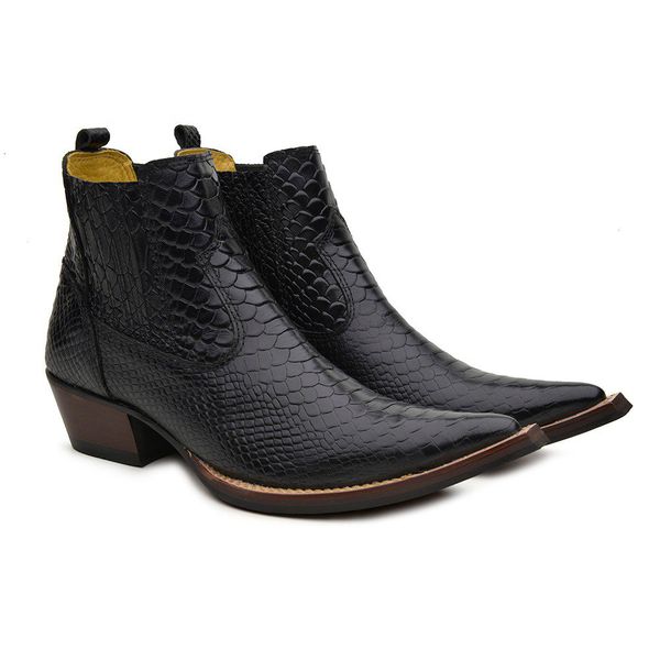 Botina Country Bico Fino Masculina Couro Anaconda Preto | JM Country