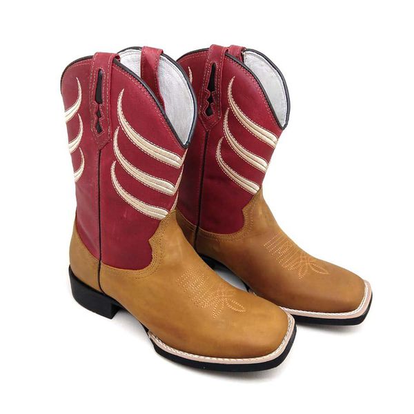 Bota Masculina Bico Quadrado Texana Couro Conhaque e Vermelho