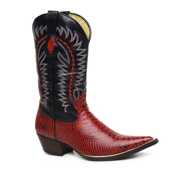 Bota Texana Bico Fino Country Masculina Anaconda Verniz Vermelho e Floater Preto 