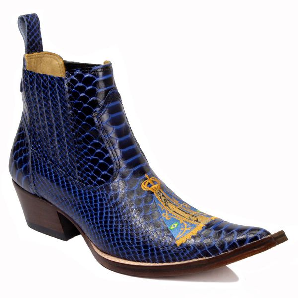 Bota Bico Fino Country Masculina Nossa Senhora Aparecida Couro Anaconda Azul