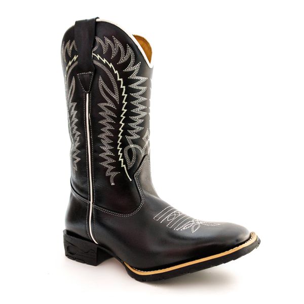 Bota Texana Masculina Cano Padrão Couro Bovino Legítimo Látego Preto Bordado Linha
