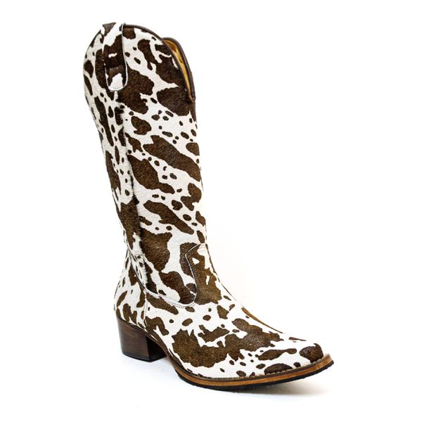 Bota Texana Feminina Country Couro Legítimo Bovino Pelo Holandês Pintado Chocolate e Branco 