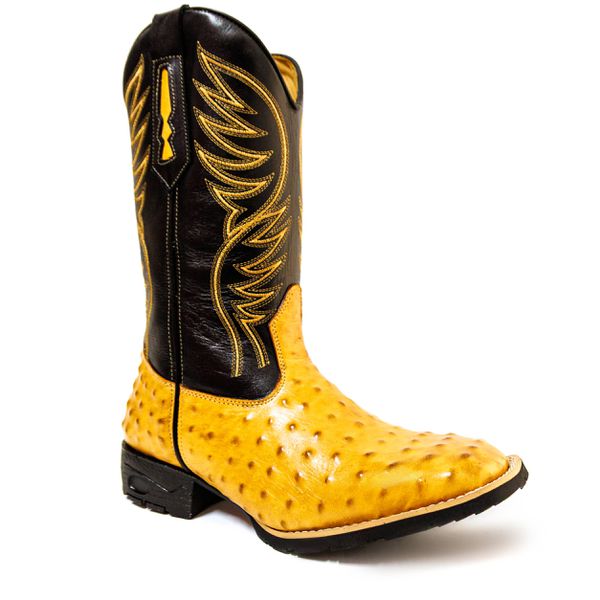 Bota Texana Masculina Bico Quadrado Cano Padrão Couro Bovino Legítimo Avestruz Laranja e Floater Preto