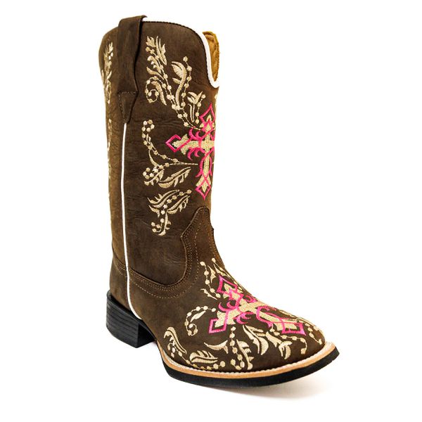 Bota Texana Feminina Bordado Cruz Rosa Couro Nobuck Café