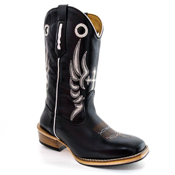 Bota Texana Masculina Cano Padrão Couro Legítimo Bovino Látego Preto Bordado Cruz Salto Carrapeta