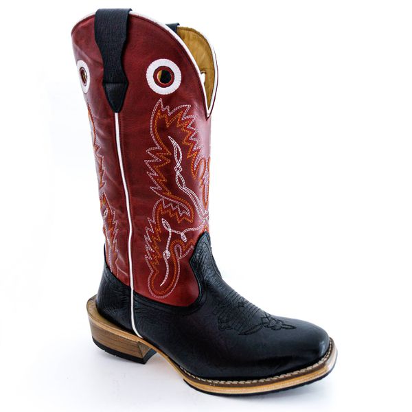 Bota Texana Masculina Couro Legítimo Bovino Tubarão Preto e Fóssil Vinho Solado Carrapeta 