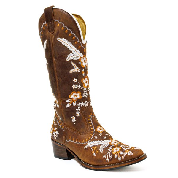 Bota Texana Feminina Country Couro Legítimo Crazy Horse Sela Bordado Floral