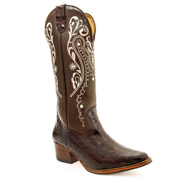 Bota Texana Feminina Country Couro Legítimo Bovino Dubai Café e Floater Café Bordado Off White