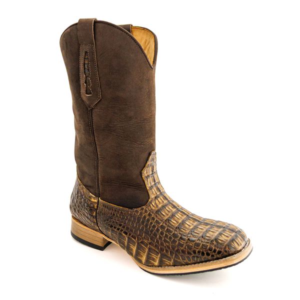 Bota Texana Masculina Bico Quadrado Couro Exótico Jacaré Tabaco e Mustang Café