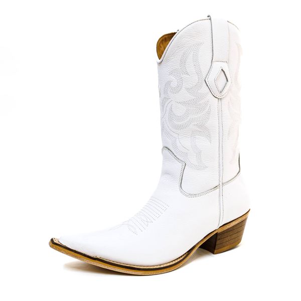 Bota Texana Masculina Bico Fino Couro Bovino Legítimo Floater Branco Bordado Linha Solado Natural