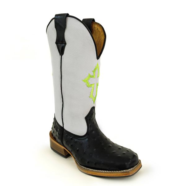 Bota Texana Masculina Couro Legítimo Bovino Avestruz Preto e Floater Branco Bordado Cruz Salto Carrapeta
