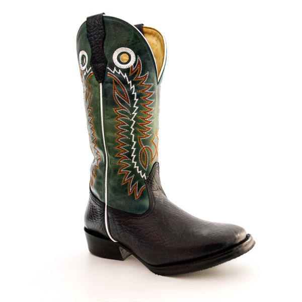 Bota Texana Masculina Couro Legítimo Bovino Tubarão Preto e Fóssil Azul Bordado Asa Salto Carrapeta Preto