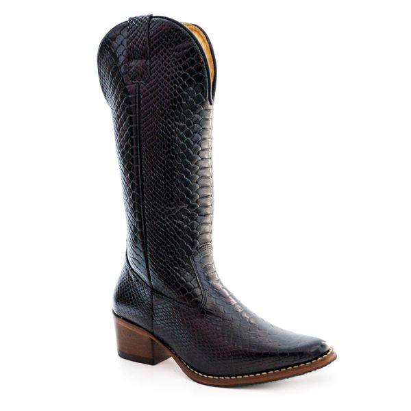 Bota Texana Feminina Country Couro Legítimo Bovino Anaconda Preta Copia