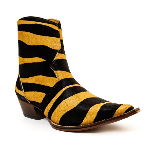 Botina Country Masculina Bico Fino Couro Legítimo Bovino Zebra Pintada Com Zíper