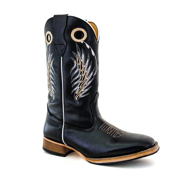 Bota Texana Masculina Cano Padrão Couro Legítimo Bovino Látego Preto Bordado Asa