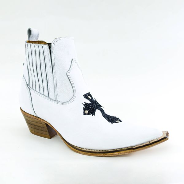 Botina Country Masculina Bico Fino Couro Bovino Legítimo Floater Branco Com Cruz e Solado Natural