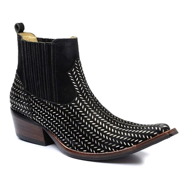 Botina Bico Fino Masculina Couro Bovino Legítimo Nobuck Preto Platinado