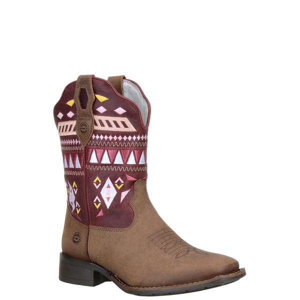 Bota Texana Feminina Bico Quadrado Couro Crazy Horse Tabaco e Fóssil Vermelho Bordados geométricos 