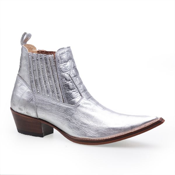 Botina Country Masculina Bico Fino Couro Legítimo Dubai Prata