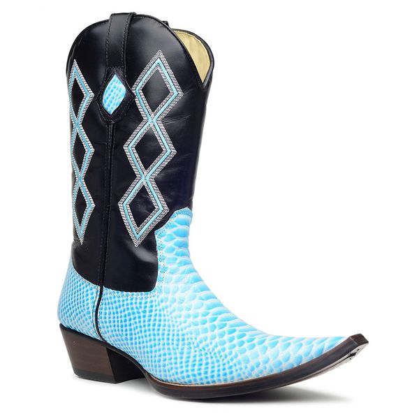 Bota Texana Masculina Bico Fino Couro Floater Preto e Anaconda Azul Celeste