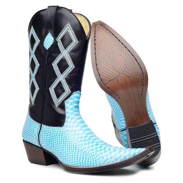Bota Texana Masculina Bico Fino Couro Floater Preto e Anaconda