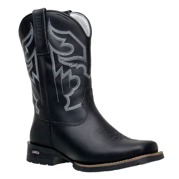 Bota Masculina Texana Couro Bovino Legítimo Fóssil Preto Solado Texas 