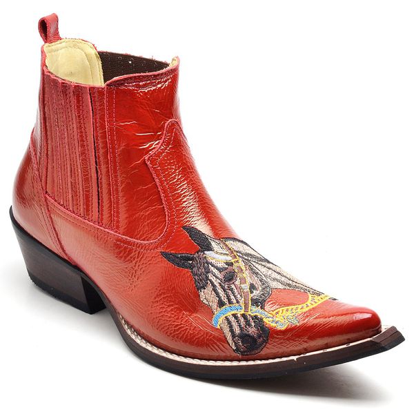 Botina Country Masculina Bico Fino Couro Bovino Legítimo Floater Vermelho Cavalo