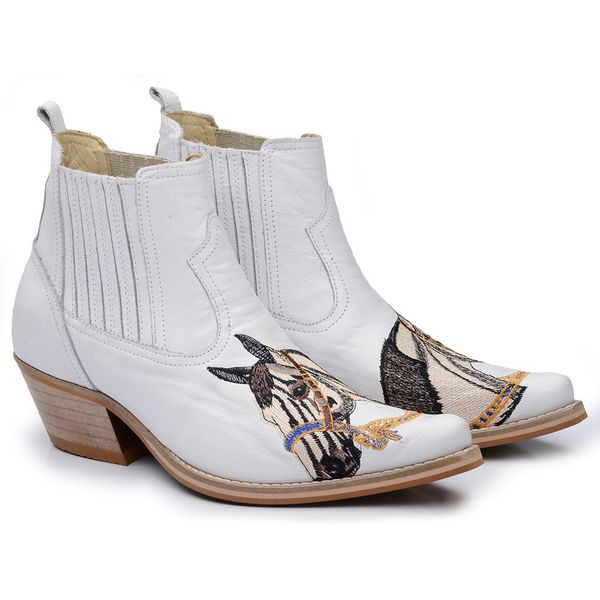 Bota Country Masculina Bico Fino Cano Curto Couro Legítimo Floater Branco Bordado Cavalo Vira Inteira