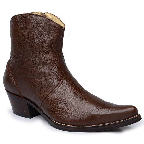 Botina Country Masculina Bico Fino Couro Legítimo Floater Chocolate Com Zíper Vira Inteira
