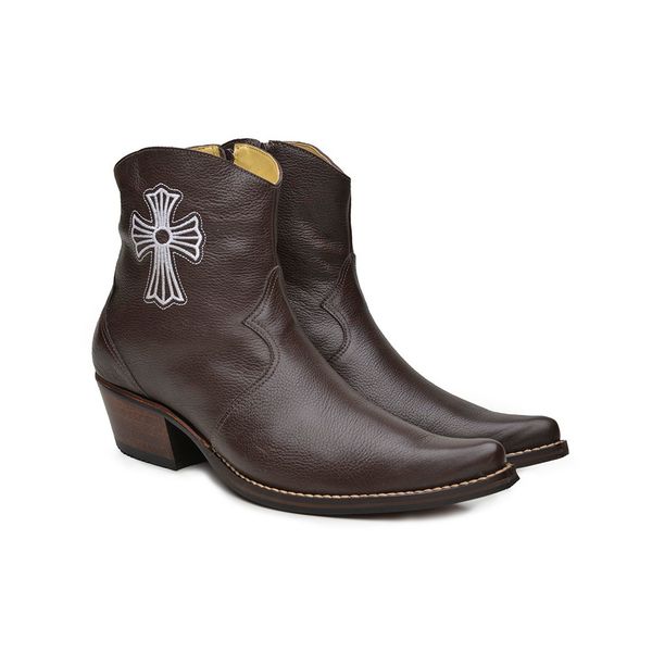 Botina Country Masculina Bico Fino Couro Legítimo Bovino Floater Chocolate Bordado Cruz Com Zíper