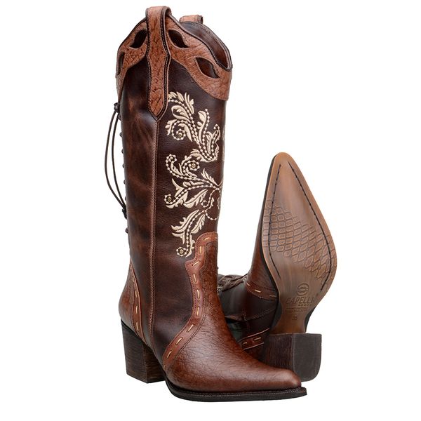 Bota Country Feminina Texana Bico Fino Couro Fóssil Café e Havana