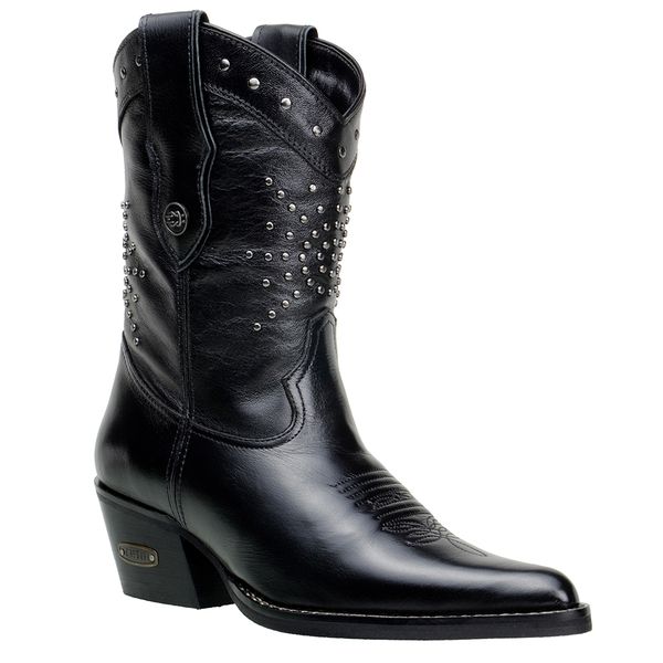 Bota Country Feminina Cano Médio Bico Fino Couro Legítimo Soft Preto Com Detalhes em Tachas 