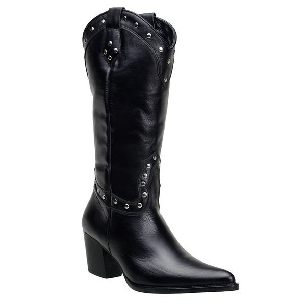 Bota Texana Feminina Bico Fino Couro Legítimo Látego Preto