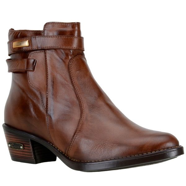 Bota Country Feminina Cano Curto Couro Legítimo Soft Pinhão Com Tiras e Bico Afinado
