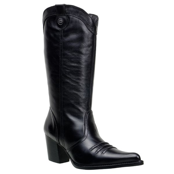 Bota Texana Feminina Bico Fino Couro Legítimo Preto Liso
