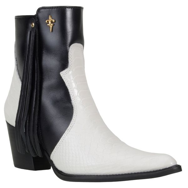 Bota Cano Curto Feminina Country Bico Fino Couro Legítimo Anaconda Branco e Látego Preto