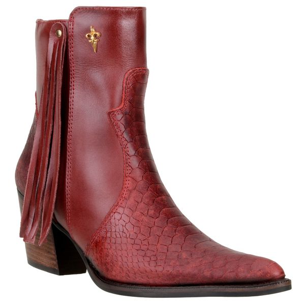 Bota Cano Curto Feminina Country Bico Fino Couro Legítimo Anaconda Fóssil Vermelho e Látego Vermelho (Red)