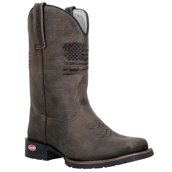 Bota Texana Masculina Bico Quadrado Couro Legítimo Búfalo Rato Preto Com Solado Texas