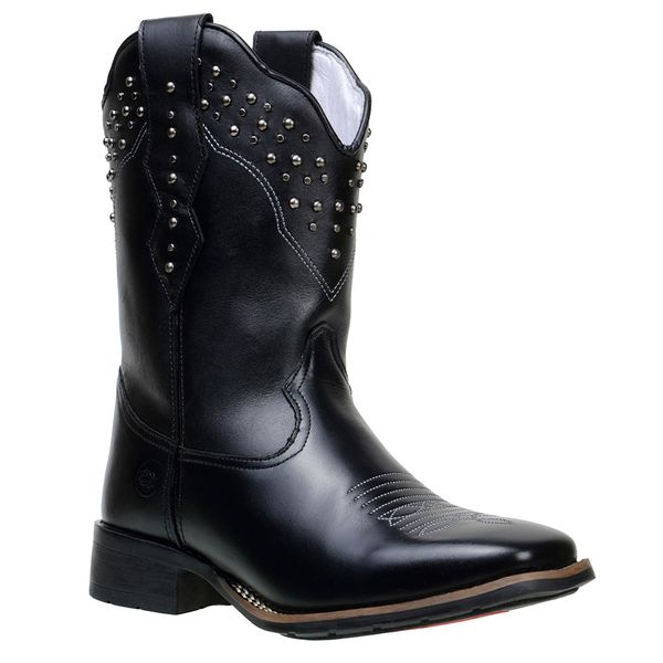 Bota Texana Feminina Country Bico Quadrado Couro Legitimo Látego Preto