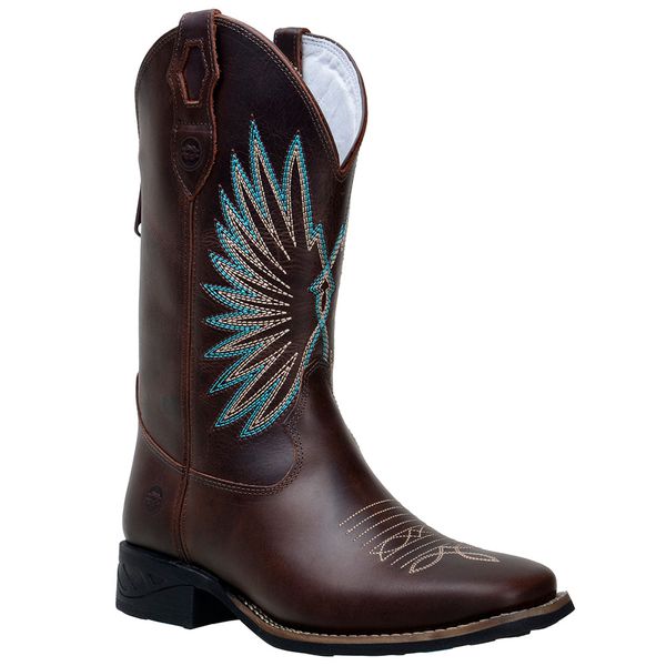 Bota Texana Feminina Country Bico Quadrado Couro Legitimo Fóssil Café Bordado Asa Azul