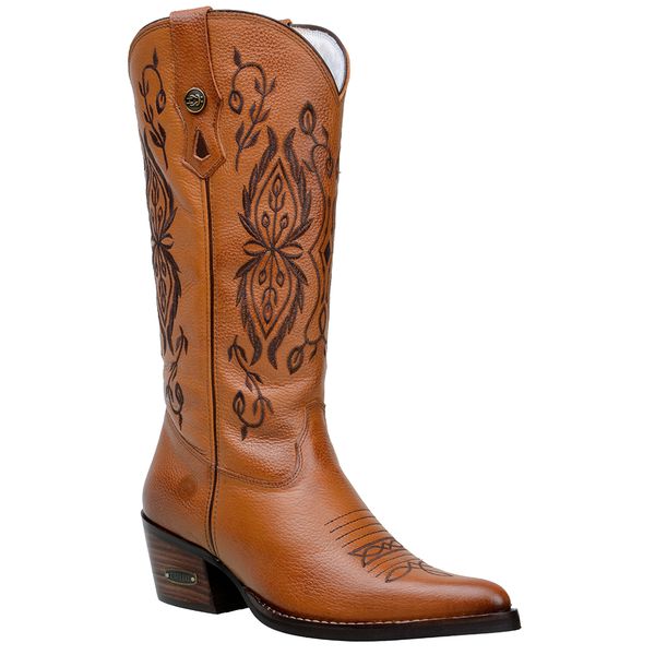 Bota Texana Feminina Bico Fino Couro Legítimo Floater Castor Bordados Florais