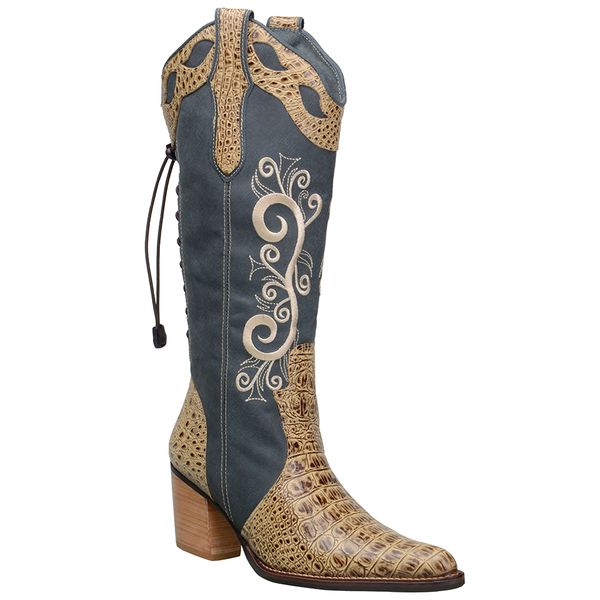 Bota Country Feminina Texana Bico Fino Couro Legítimo Jaca Castor e Laser Jeans com Ajuste