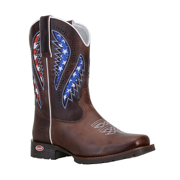 Bota Texana Western Masculina Couro Legítimo Fóssil Café com Laser Vazado e Estampa dos USA