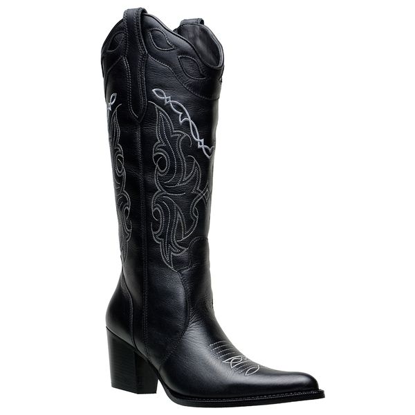 Bota Texana Country Feminina Bico Fino Couro Legítimo Látego Preto